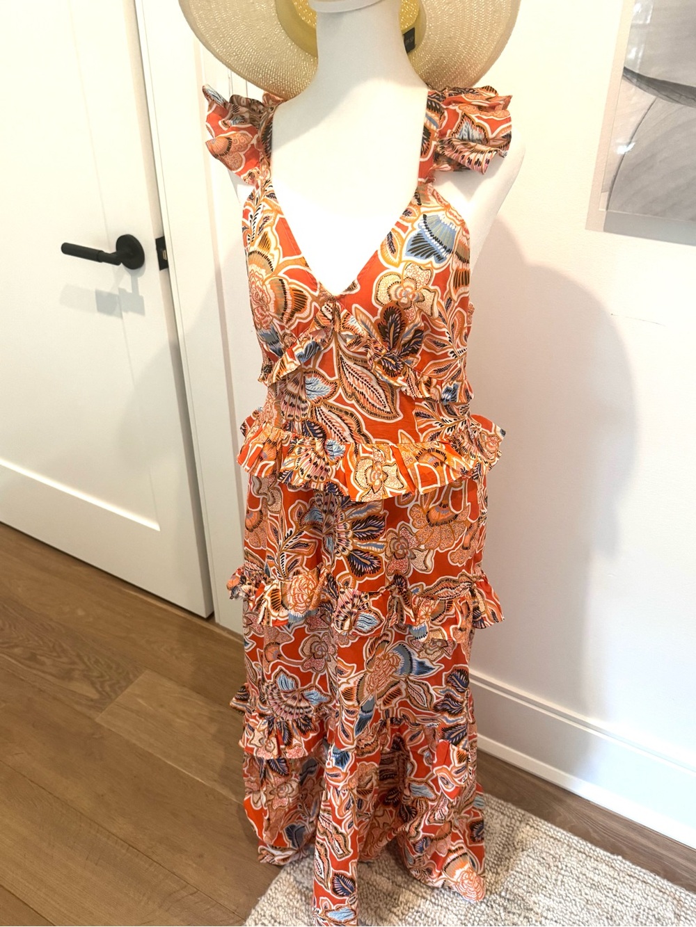 Misa Los Angeles Orange Floral Ruffle-Tiered Maxi Dress- NEW! Size S/ 4
